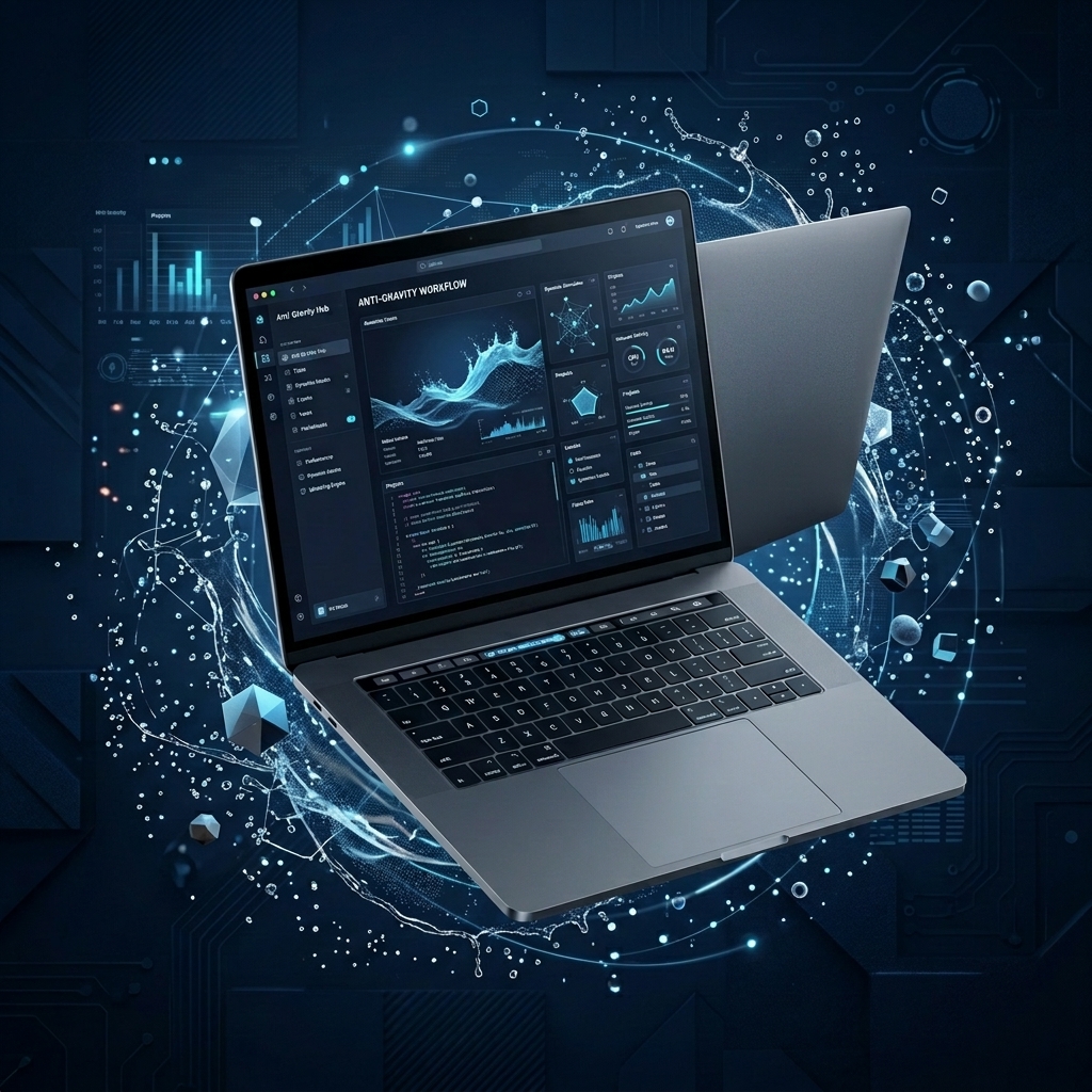 High-end laptop floating with digital splashes